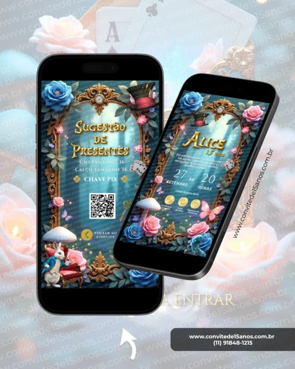 Convite Premium Interativo Alice no País das Maravilhas em formato de site, com moldura vintage, coelho branco, cartas de baralho, rosas coloridas, cogumelos e elementos inspirados no universo encantado de Alice.