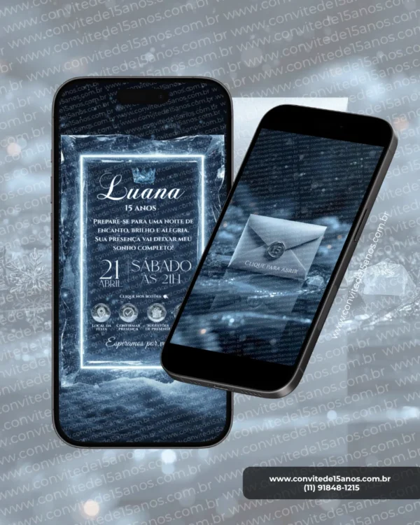 Convite Premium Interativo Baile de Inverno em formato de site, com envelope digital elegante, moldura iluminada, cristais, neve e detalhes sofisticados em tons de azul. Convite digital para festa de 15 anos.