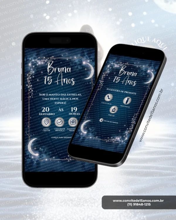 Convite Premium Interativo Noite Estrelada em formato de site, com fundo azul escuro, estrelas brilhantes, lua crescente, efeitos luminosos e design elegante para festa de 15 anos.