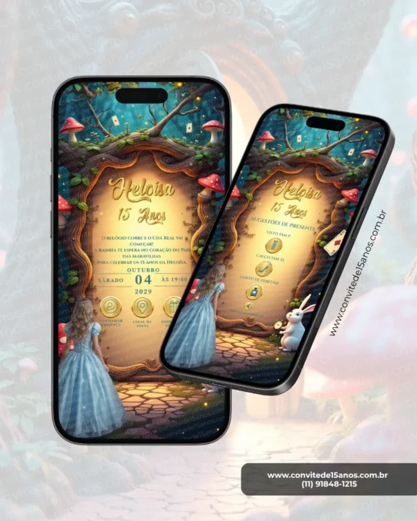 Página de Dress Code e Sugestão de Presente do Convite Alice no País das Maravilhas para Aniversário de 15 Anos. A arte apresenta um cenário encantado inspirado no universo de Alice, com moldura formada por raízes e galhos mágicos, cogumelos vermelhos, cartas de baralho espalhadas, iluminação suave e o Coelho Branco ao lado. O design reúne informações sobre o traje recomendado para a festa e sugestões de presentes, mantendo a atmosfera lúdica e fantástica característica do País das Maravilhas.