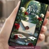 Capa do Convite de 15 Anos Alice no País das Maravilhas em formato digital interativo. A arte apresenta um cenário encantado inspirado no clássico conto, com rosas vermelhas e brancas, cartas de baralho, relógio de bolso e uma elegante carta selada ao centro. Ao fundo, um jardim mágico conduz a um portal iluminado, criando uma atmosfera lúdica e misteriosa que remete ao universo fantástico de Alice.