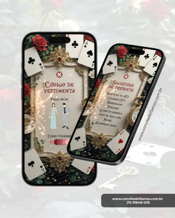 Tela de Dress Code e Sugestão de Presente do Convite de 15 Anos Alice no País das Maravilhas. O design apresenta molduras ornamentadas em estilo vintage cercadas por cartas de baralho, rosas vermelhas, relógio de bolso e elementos inspirados no universo mágico de Alice. Em uma tela são exibidas as orientações de vestimenta da festa, enquanto na outra aparecem sugestões de presentes para os convidados. A composição combina tons de vermelho, dourado, preto e marfim, criando um ambiente elegante e encantador.