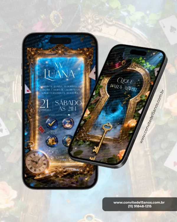 Convite digital de 15 anos inspirado em Alice no País das Maravilhas. A arte apresenta uma moldura dourada ornamentada com fundo azul iluminado, cartas de baralho espalhadas, relógio de bolso antigo e elementos mágicos que remetem ao universo encantado de Alice. Na lateral, a capa do convite exibe uma fechadura dourada cercada por flores, folhagens e uma chave dourada, criando uma atmosfera de fantasia, mistério e aventura.