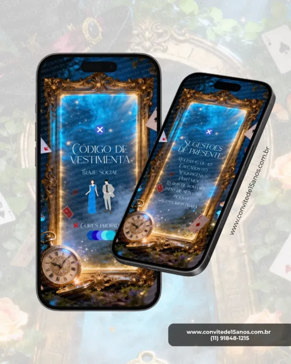 Tela de Dress Code e Sugestão de Presente do Convite de 15 Anos Alice no País das Maravilhas para Aniversário. O design apresenta molduras douradas ornamentadas com fundo azul iluminado, inspiradas em portais mágicos do universo de Alice. Elementos como cartas de baralho, relógios de bolso antigos e detalhes brilhantes reforçam a atmosfera encantada da temática. Em uma tela estão as orientações de vestimenta da festa e, na outra, sugestões de presentes para os convidados, tudo em um layout elegante e interativo.