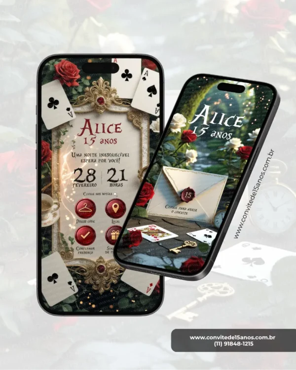 Tela principal do Convite de 15 Anos Alice no País das Maravilhas em formato digital interativo. O layout apresenta uma moldura ornamentada em estilo vintage cercada por rosas vermelhas, cartas de baralho e elementos clássicos inspirados na história de Alice. No centro estão as informações da festa, enquanto botões interativos permitem acessar dress code, localização, confirmação de presença e sugestão de presente. Ao lado, a capa do convite exibe um envelope selado em um cenário mágico com relógio de bolso, cartas e flores, remetendo ao universo encantado do País das Maravilhas.