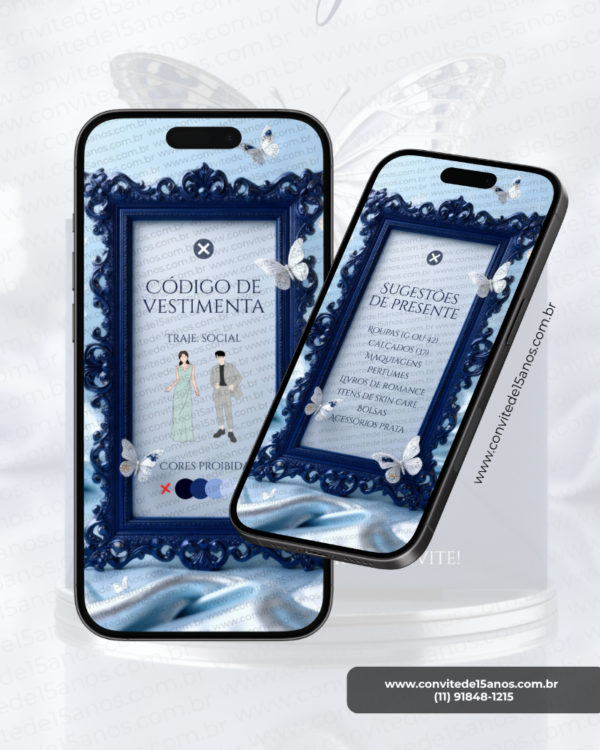 Página de Dress Code e Sugestão de Presente do Convite de 15 Anos Borboleta Azul, com moldura ornamental azul-marinho, delicadas borboletas brancas e azuis, orientações de traje social e sugestões de presentes apresentadas em um elegante layout digital.