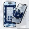 Parte interna do Convite de 15 Anos Borboleta Azul com moldura ornamental azul-marinho, delicadas borboletas decorativas e informações da festa apresentadas em um elegante layout digital para celular.