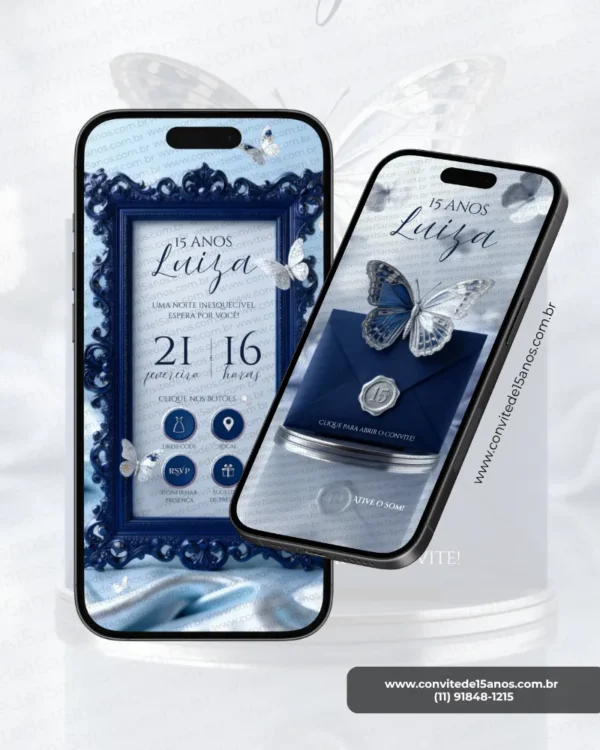 Parte interna do Convite de 15 Anos Borboleta Azul com moldura ornamental azul-marinho, delicadas borboletas decorativas e informações da festa apresentadas em um elegante layout digital para celular.