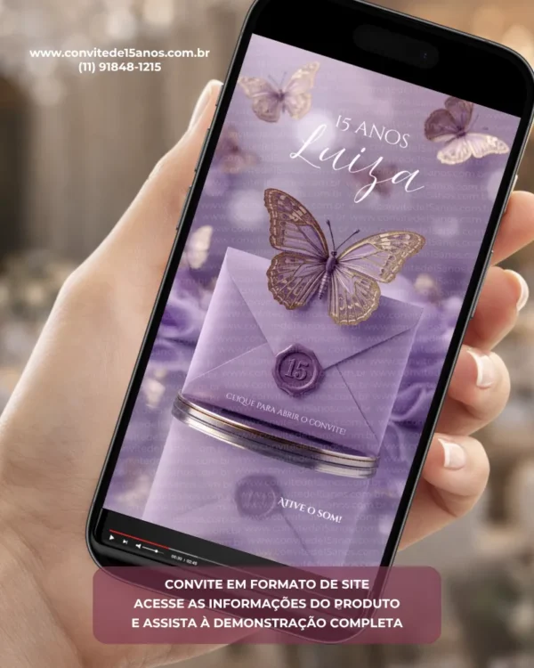 Capa do Convite de 15 Anos Borboleta Lilás, com envelope lilás selado com símbolo de 15 anos, delicadas borboletas em tons de lilás e dourado e fundo suave que transmite elegância, romantismo e delicadeza.