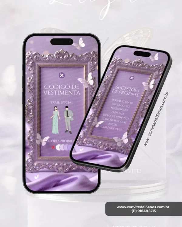 Tela de dress code e sugestões de presente do Convite de 15 Anos Borboleta Lilás, com moldura ornamental em tons de lavanda, delicadas borboletas decorativas e layout elegante para orientar os convidados sobre vestimenta e opções de presentes.