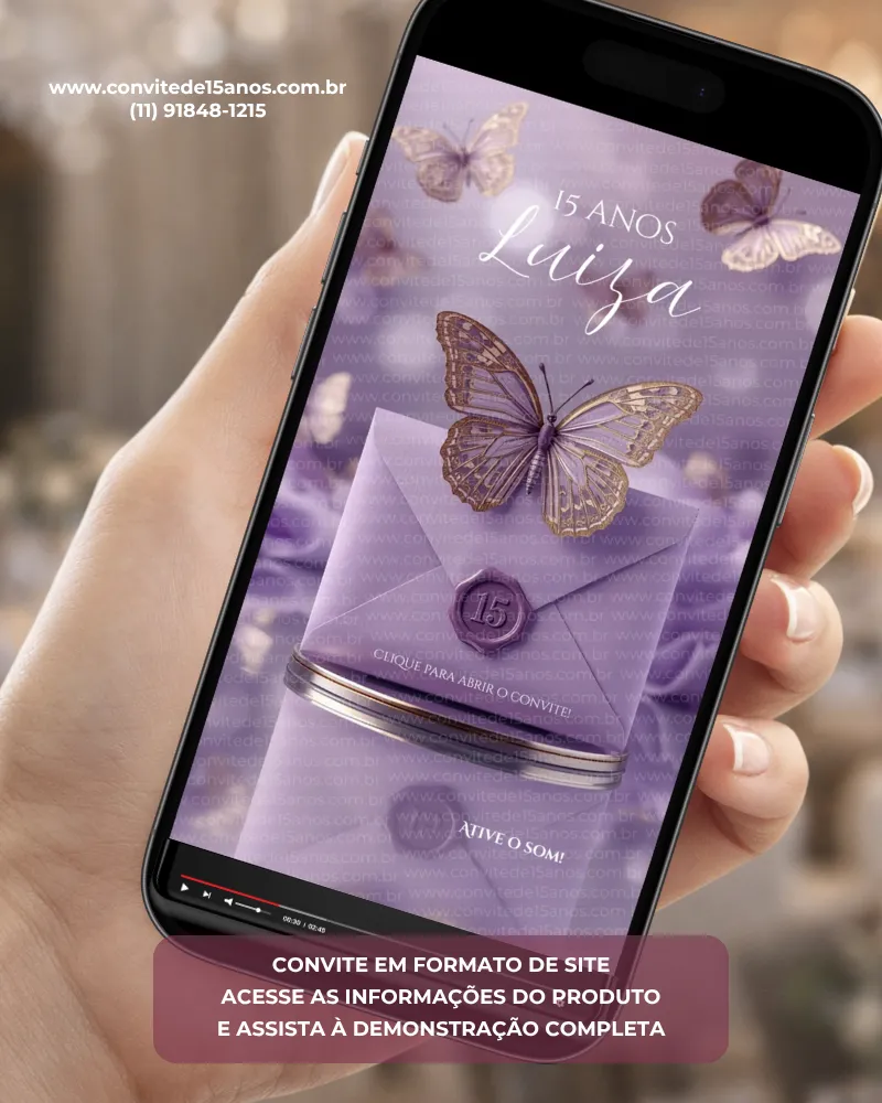 Capa do Convite de 15 Anos Borboleta Lilás, com envelope lilás selado com símbolo de 15 anos, delicadas borboletas em tons de lilás e dourado e fundo suave que transmite elegância, romantismo e delicadeza.