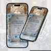 Página de Dress Code e Sugestão de Presente do Convite de 15 Anos Interativo Premium Azul Serenity, com moldura elegante, flores azuis delicadas, borboletas decorativas e orientações para traje social e lista de sugestões de presentes em formato digital.