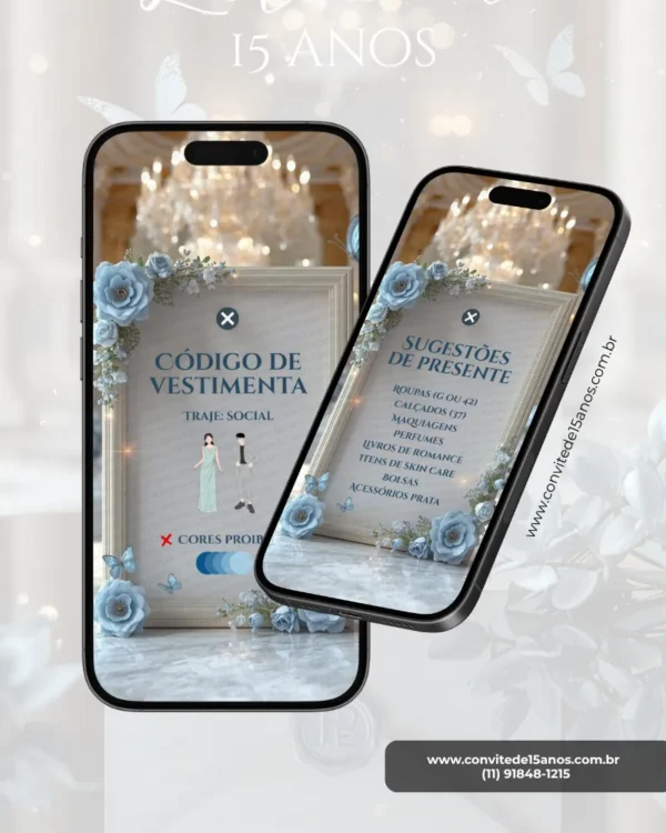 Página de Dress Code e Sugestão de Presente do Convite de 15 Anos Interativo Premium Azul Serenity, com moldura elegante, flores azuis delicadas, borboletas decorativas e orientações para traje social e lista de sugestões de presentes em formato digital.
