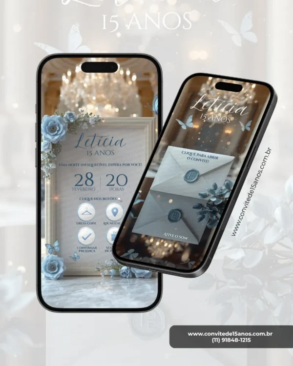 Parte interna do Convite de 15 Anos Interativo Premium Azul Serenity com moldura elegante, flores azuis delicadas, borboletas decorativas e informações da festa organizadas em formato digital para celular.