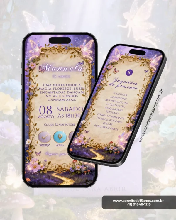 Página de Sugestão de Presente do Convite de 15 Anos Jardim das Fadas, com moldura dourada ornamentada, flores delicadas em tons de lilás, fadas iluminadas, borboletas e caminho mágico brilhante em um cenário encantado inspirado em jardins de fantasia.