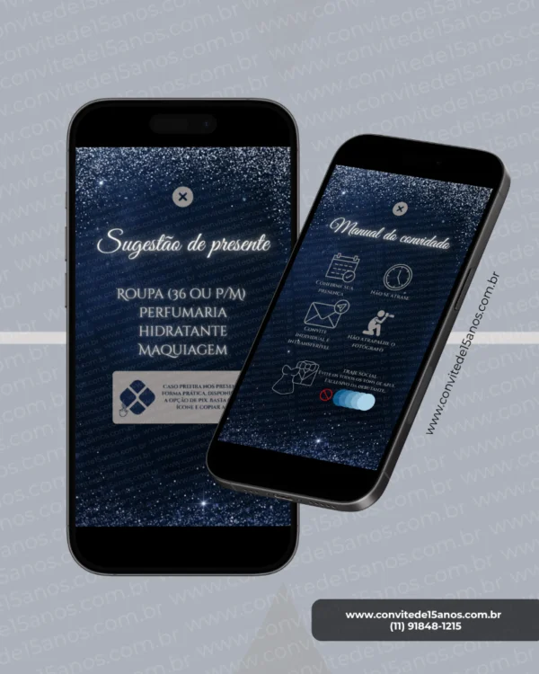 Página de Dress Code, Manual do Convidado e Sugestão de Presente do Convite Interativo Céu Estrelado para festa de 15 anos. O layout apresenta fundo azul-marinho com efeito de céu estrelado, tipografia elegante em branco e informações sobre traje social, regras do evento, recomendações aos convidados e lista de sugestões de presentes.