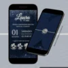 Página principal do Convite Interativo Céu Estrelado para festa de 15 anos, com fundo azul-marinho repleto de estrelas brilhantes, tipografia elegante em branco e prata, informações do evento, data, horário, local e botões interativos para confirmação de presença, localização e dress code.
