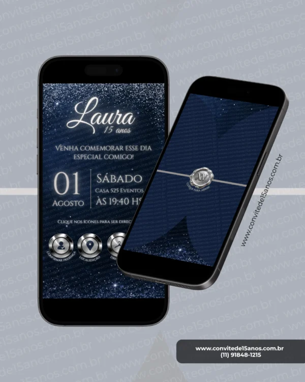 Página principal do Convite Interativo Céu Estrelado para festa de 15 anos, com fundo azul-marinho repleto de estrelas brilhantes, tipografia elegante em branco e prata, informações do evento, data, horário, local e botões interativos para confirmação de presença, localização e dress code.