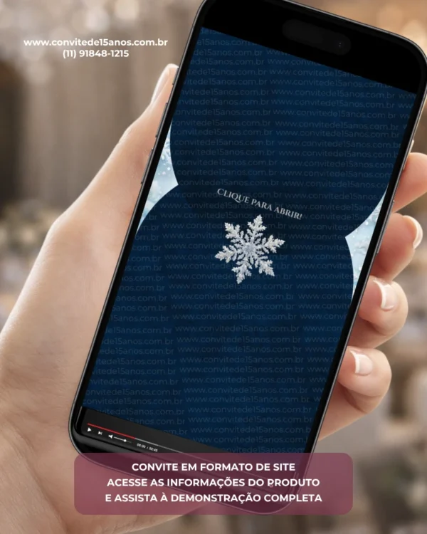 Convite Interativo com Envelope Digital Baile de Inverno apresentando um elegante envelope virtual em tons de azul-marinho, decorado com um delicado floco de neve cristalino ao centro, transmitindo sofisticação e a magia de uma celebração inspirada no inverno.
