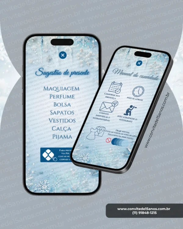 Convite Interativo com Envelope Digital Baile de Inverno – Manual do Convidado e Sugestão de Presente exibindo páginas complementares em tons de azul-claro e branco, decoradas com flocos de neve e elementos inspirados no inverno. A tela apresenta orientações para os convidados, regras de participação no evento, dress code e sugestões de presentes, proporcionando uma experiência organizada e elegante.