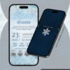 Convite Interativo com Envelope Digital Baile de Inverno – Página Principal apresentando um elegante layout em tons de azul-claro e branco, decorado com flocos de neve cristalinos e detalhes inspirados em um baile de inverno. A página exibe as informações da debutante, contagem regressiva para a festa e botões interativos para confirmação de presença, localização, manual do convidado e lista de presentes.