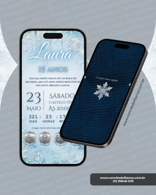 Convite Interativo com Envelope Digital Baile de Inverno – Página Principal apresentando um elegante layout em tons de azul-claro e branco, decorado com flocos de neve cristalinos e detalhes inspirados em um baile de inverno. A página exibe as informações da debutante, contagem regressiva para a festa e botões interativos para confirmação de presença, localização, manual do convidado e lista de presentes.