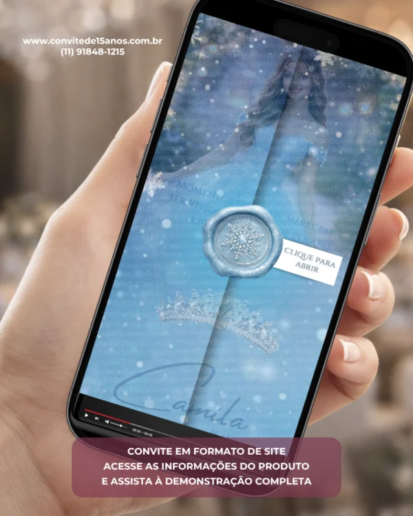 Convite Interativo Infinito Baile de Inverno exibindo um selo decorado por floco de neve, sobre um fundo gelado em tons de azul-claro. O design transmite sofisticação, delicadeza e toda a magia de uma celebração inspirada no inverno.