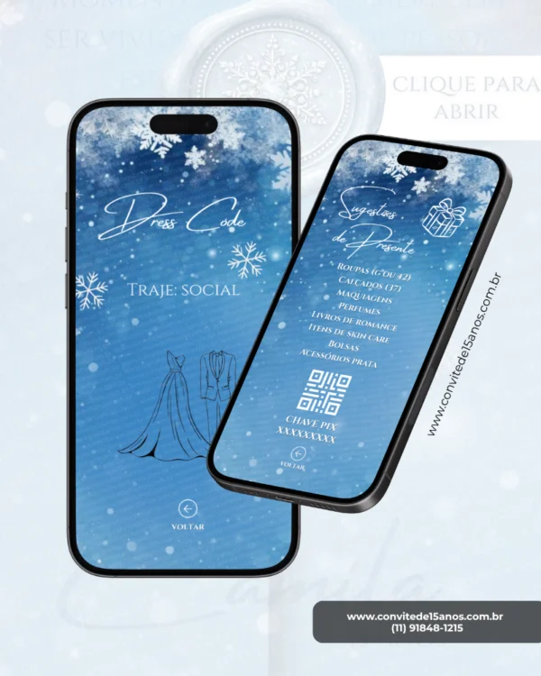 Página de Dress Code e Sugestão de Presente do Convite Interativo Infinito Baile de Inverno, com fundo azul inspirado em paisagens congeladas, delicados flocos de neve e layout elegante para orientar os convidados sobre o traje recomendado e opções de presente.