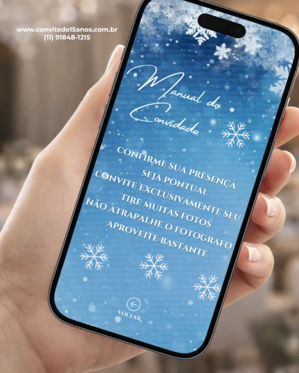 Página do Manual do Convidado do Convite Interativo Infinito Baile de Inverno, com fundo azul decorado por flocos de neve e orientações importantes para os convidados, apresentadas em um layout elegante inspirado na magia do inverno.