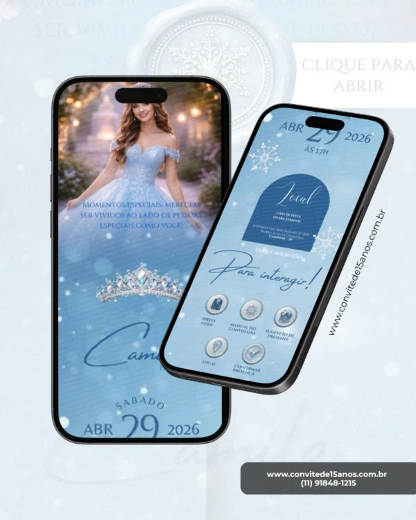 Página principal do Convite Interativo Infinito Baile de Inverno, com visual elegante em tons de azul-claro, debutante em vestido inspirado em contos de inverno, coroa brilhante e menu interativo com acesso às principais informações da festa.