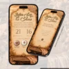 Página principal do Convite Interativo Premium Country para festa de 15 anos, com design em tons terrosos, moldura elegante, elementos florais e inspiração no universo country. A tela reúne data, horário, local da festa e botões interativos para confirmação de presença, localização e outras informações do evento.