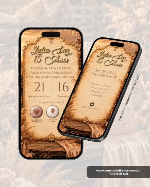 Página principal do Convite Interativo Premium Country para festa de 15 anos, com design em tons terrosos, moldura elegante, elementos florais e inspiração no universo country. A tela reúne data, horário, local da festa e botões interativos para confirmação de presença, localização e outras informações do evento.