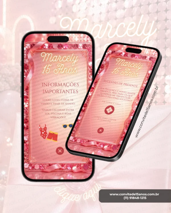 Página de Dress Code e Sugestão de Presente do Convite Interativo Premium Festa na Piscina para aniversário de 15 anos. O layout apresenta moldura com cristais em tons de rosa, laços decorativos e um design sofisticado com informações sobre traje recomendado, orientações para os convidados e sugestões de presentes.