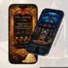 Parte interna de convite A Bela e a Fera para aniversário de 15 anos, com dois celulares exibindo o convite digital, decoração inspirada no conto de fadas, rosa vermelha, moldura dourada, vestido amarelo e a icônica rosa protegida pela cúpula de vidro.