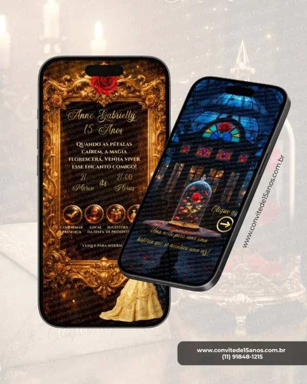 Parte interna de convite A Bela e a Fera para aniversário de 15 anos, com dois celulares exibindo o convite digital, decoração inspirada no conto de fadas, rosa vermelha, moldura dourada, vestido amarelo e a icônica rosa protegida pela cúpula de vidro.