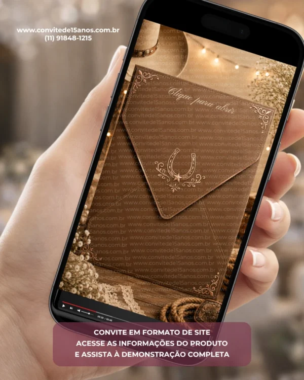 Convite de 15 Anos Country Interativo em formato de site, apresentado em um celular com design rústico e elegante.