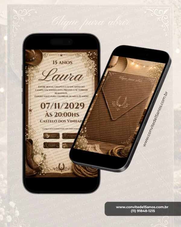 Parte interna do Convite de 15 Anos Country Interativo exibida em celulares, com informações da festa e design country elegante.