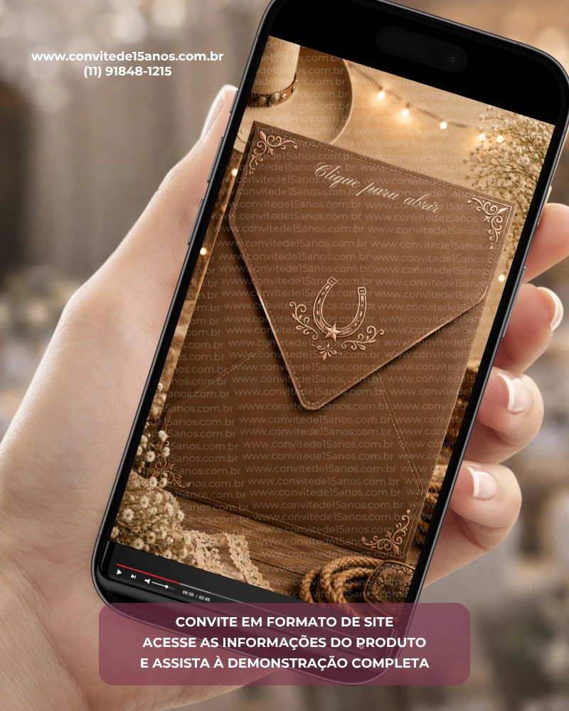 Convite de 15 Anos Country Interativo em formato de site, apresentado em um celular com design rústico e elegante.