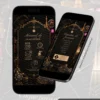 Página de sugestão de presente do Convite de 15 Anos Las Vegas Interativo exibida em celulares, com sugestões de presentes e design sofisticado em preto e dourado.