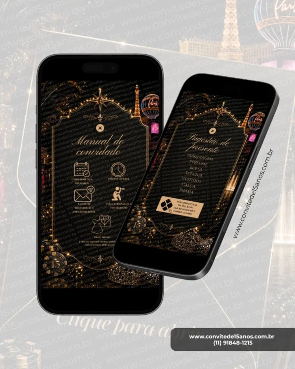 Página de sugestão de presente do Convite de 15 Anos Las Vegas Interativo exibida em celulares, com sugestões de presentes e design sofisticado em preto e dourado.