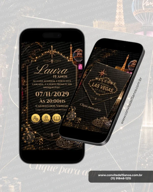 Parte interna do Convite de 15 Anos Las Vegas Interativo exibida em celulares, com informações da festa e design sofisticado inspirado em Las Vegas.