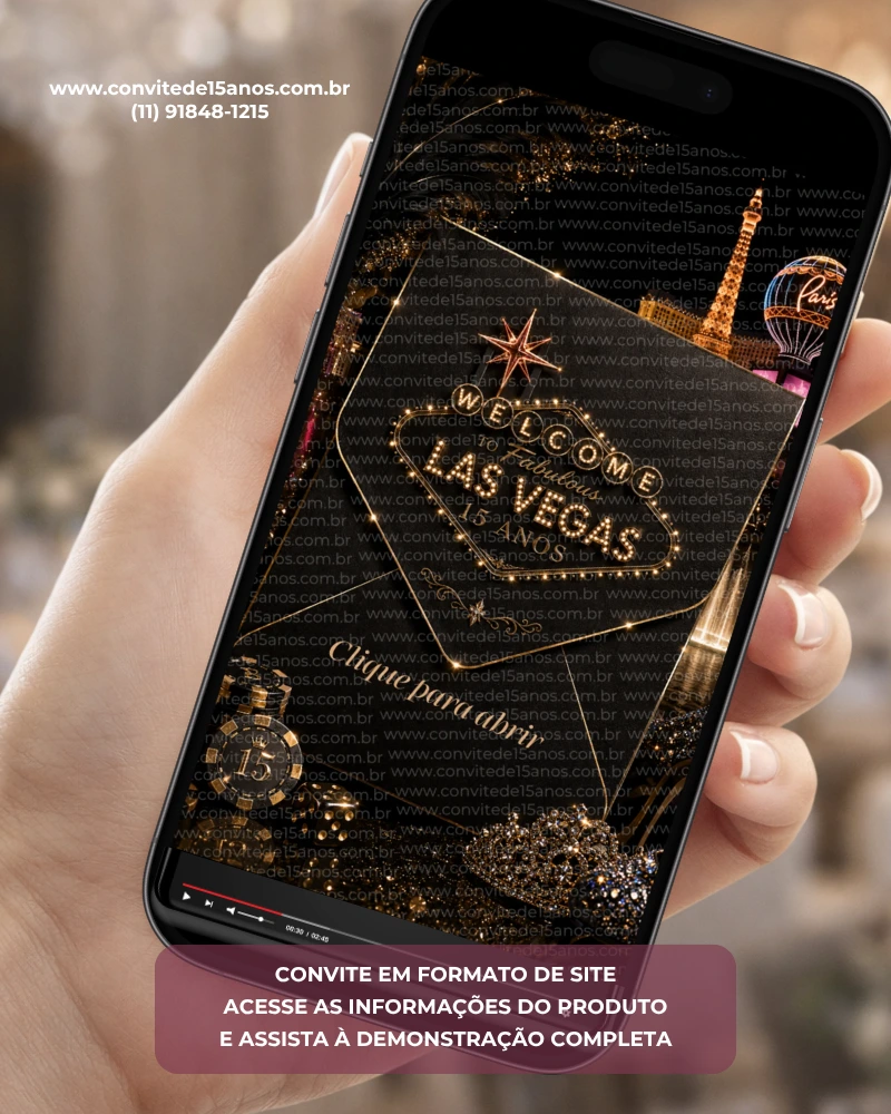 Convite de 15 Anos Las Vegas Interativo apresentado em um celular, com design sofisticado inspirado em Las Vegas, iluminação dourada e elementos de cassino.