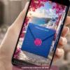 Convite de 15 Anos Mamma Mia Interativo apresentado em um celular, com design inspirado no verão grego e detalhes em azul e rosa.