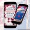 Página interna do Convite de 15 Anos Mamma Mia Interativo exibida em celulares, com informações da festa e design inspirado nas ilhas gregas.