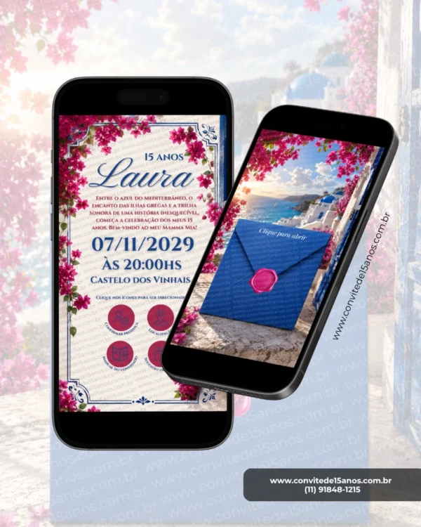 Página interna do Convite de 15 Anos Mamma Mia Interativo exibida em celulares, com informações da festa e design inspirado nas ilhas gregas.
