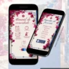 Página de sugestão de presente do Convite de 15 Anos Mamma Mia Interativo exibida em celulares, com sugestões de presentes e design inspirado nas ilhas gregas.