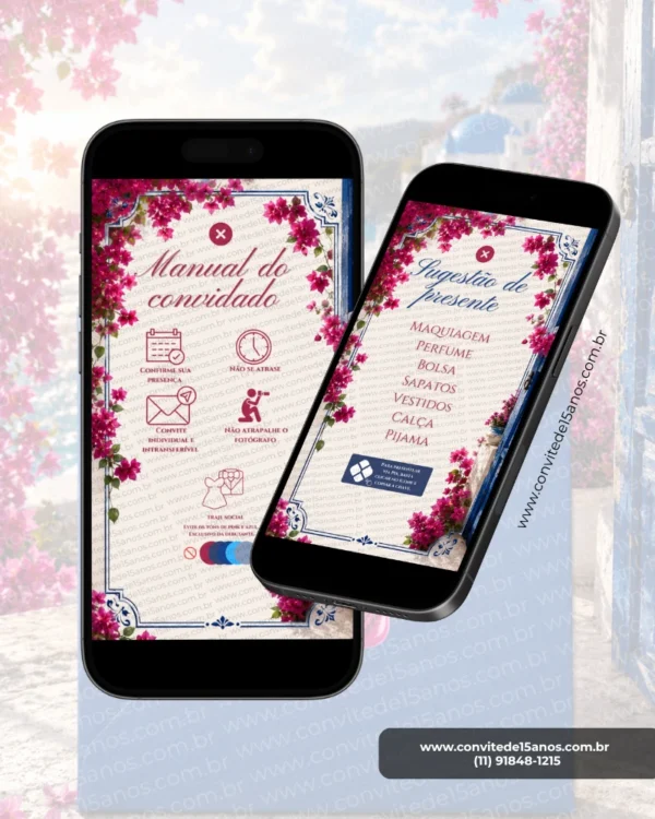 Página de sugestão de presente do Convite de 15 Anos Mamma Mia Interativo exibida em celulares, com sugestões de presentes e design inspirado nas ilhas gregas.