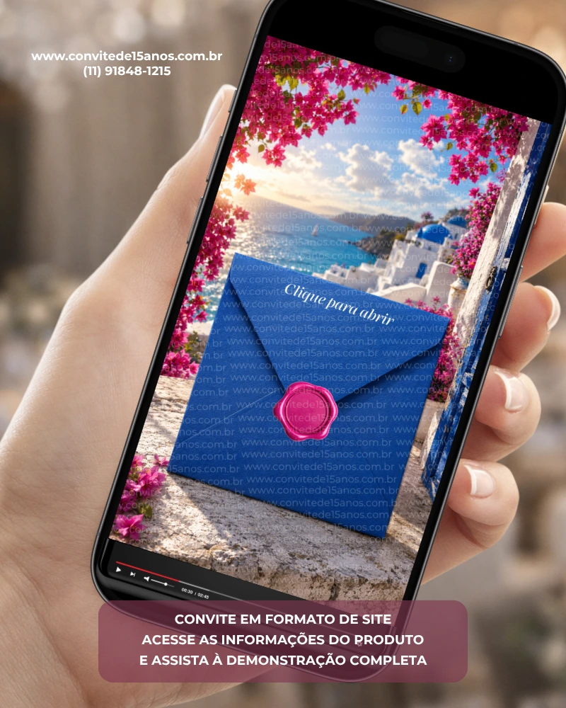 Convite de 15 Anos Mamma Mia Interativo apresentado em um celular, com design inspirado no verão grego e detalhes em azul e rosa.