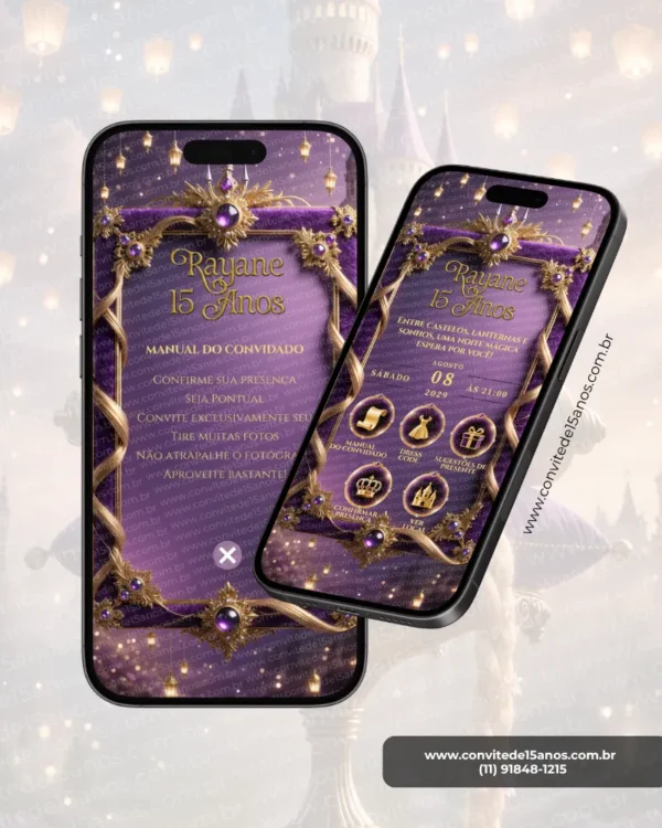 Convite de 15 anos Rapunzel com Manual do Convidado, moldura dourada, detalhes em roxo, pedras lilás e lanternas flutuantes.