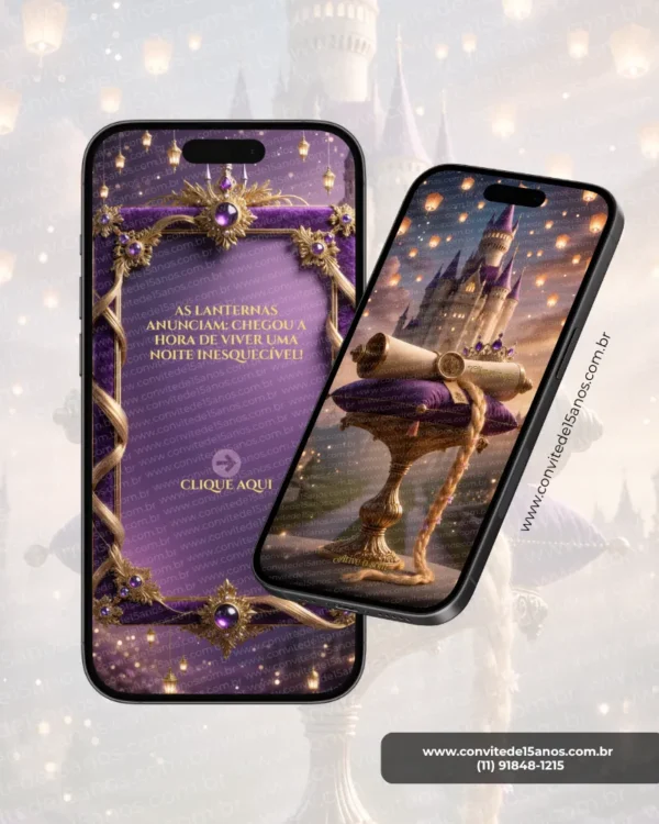 Parte interna do convite de 15 anos Rapunzel com fundo roxo, moldura dourada, pedras lilás e lanternas flutuantes.